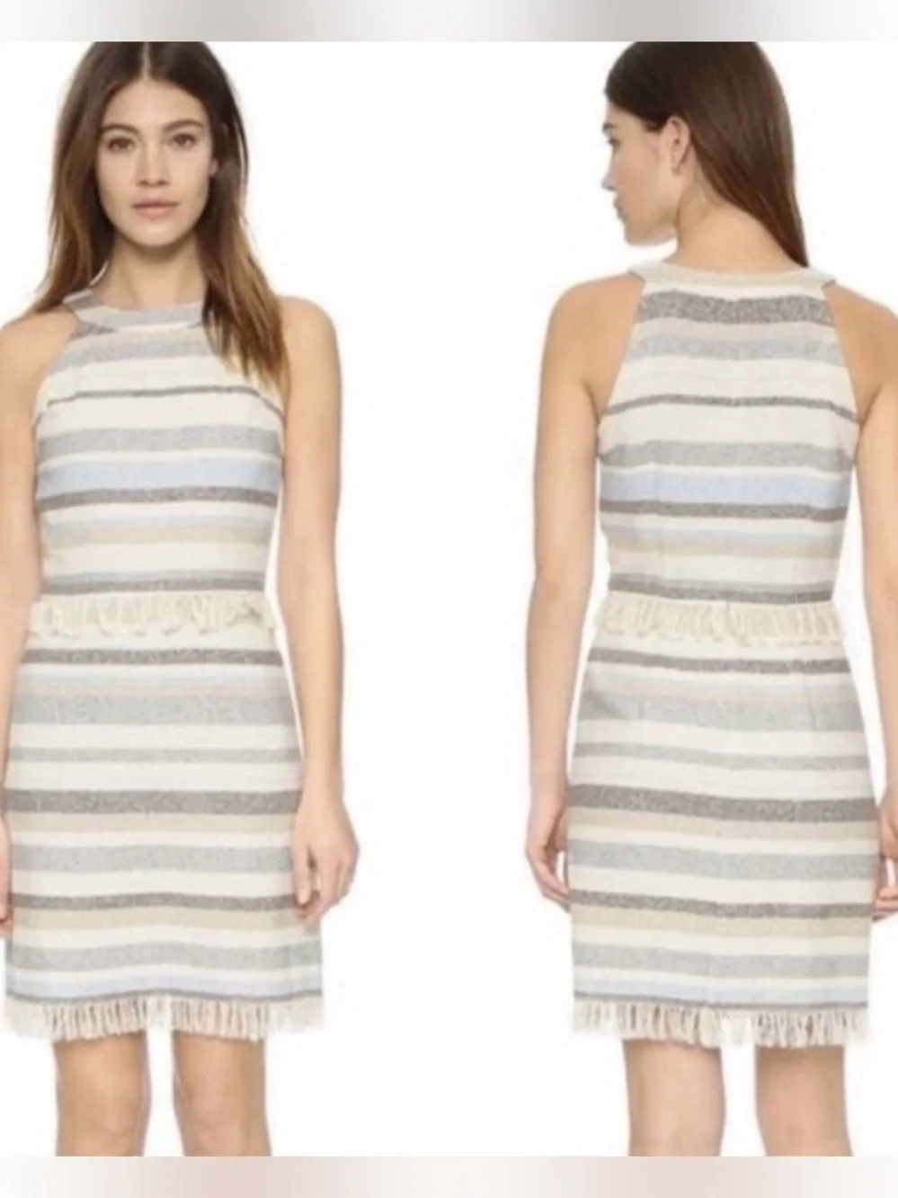 Tory Burch Sleeveless Tweed Dress Cream Grey Sky Blue Striped Fringe Trim Size 2